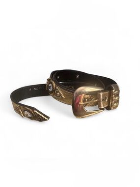 Vintage Leather Western-Style Belt with Decorative Conchos - Gold Accent